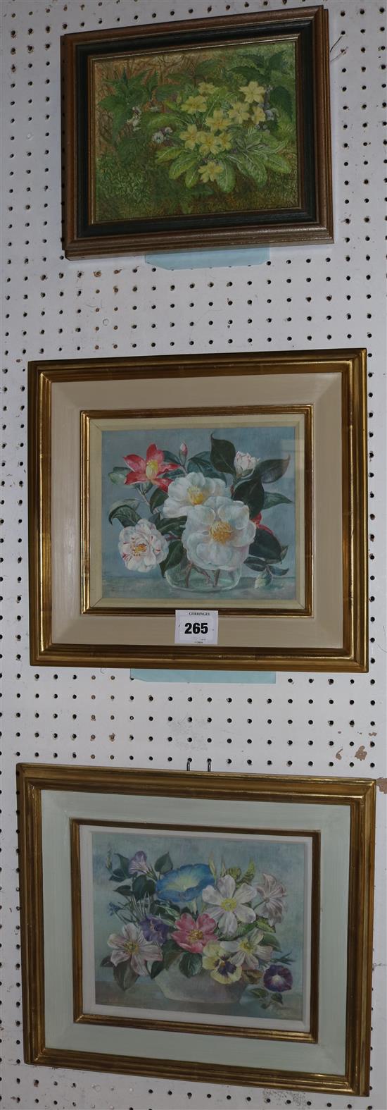 Dorothy Hutton, pair of watercolours, Camelias and An August Bunch & Rachel Houghton, Spring Flowers (3)(-)